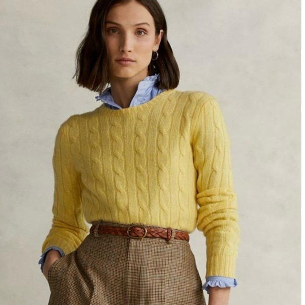 POLO RALPH LAUREN 100% Cashmere Yellow Cable Knit Crew Neck Sweater